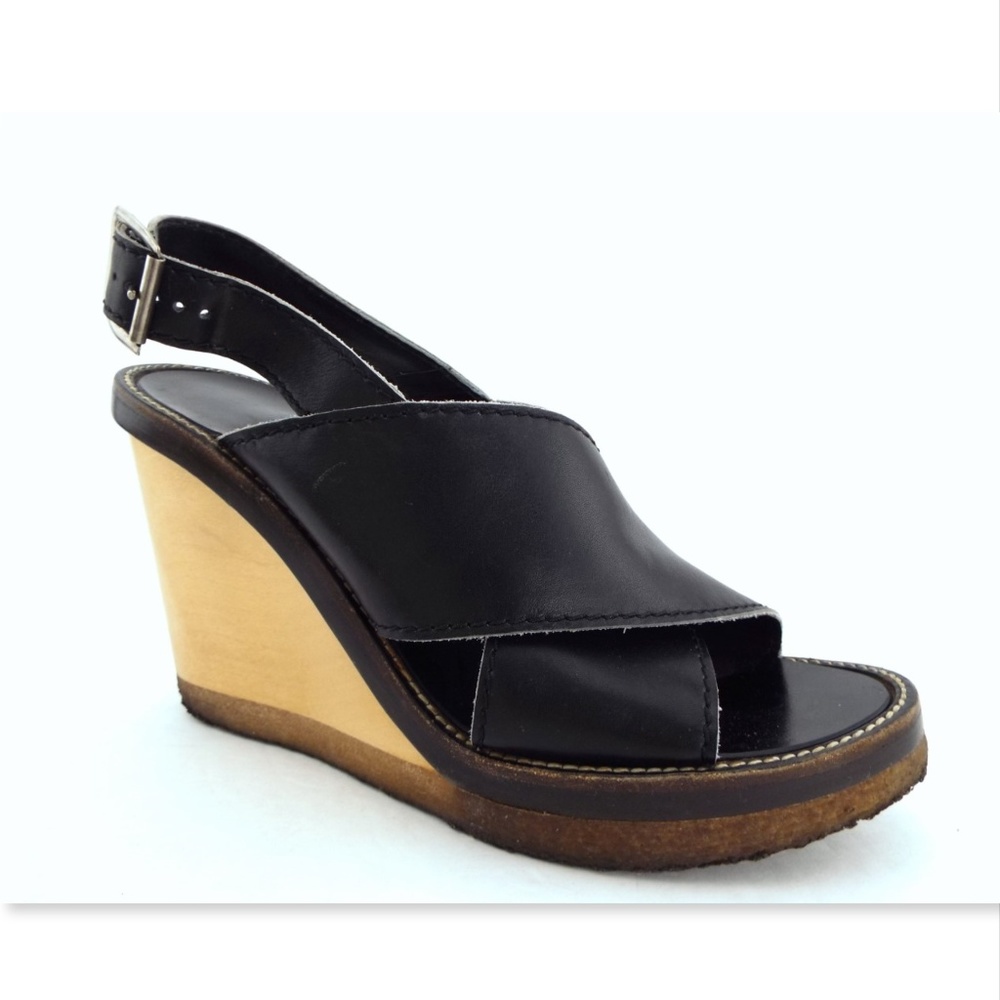 CHLOE Black Leather Crisscross Open Toe Wedge Heel Sling Pump Sandals 38